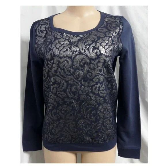 LOFT BLUE & GOLD FLORAL CREW NECK LONG SLEEVES CASUAL SWEATSHIRT SZE: S NWOT - Picture 2 of 3